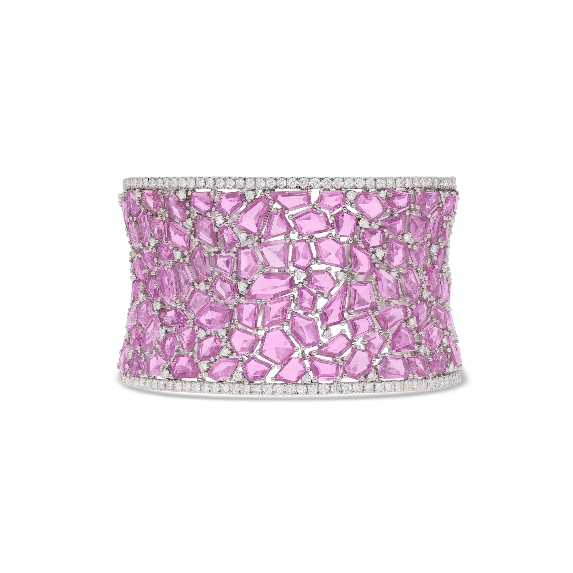 Bracciale rigido in oro bianco 18K con zaffiro rosa e diamanti, riferimento HBN-2595