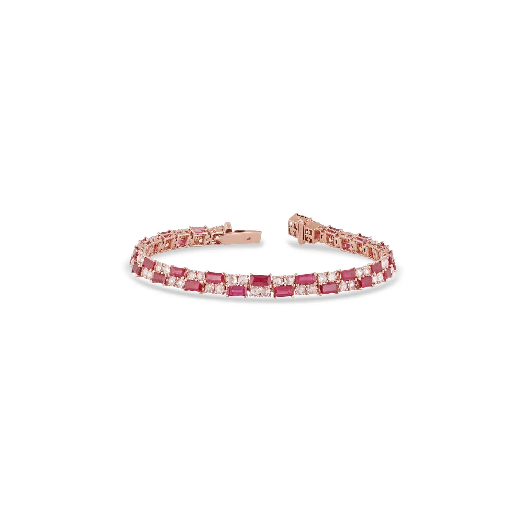 Pulsera de oro rosa 18K con rubíes talla baguette y diamantes