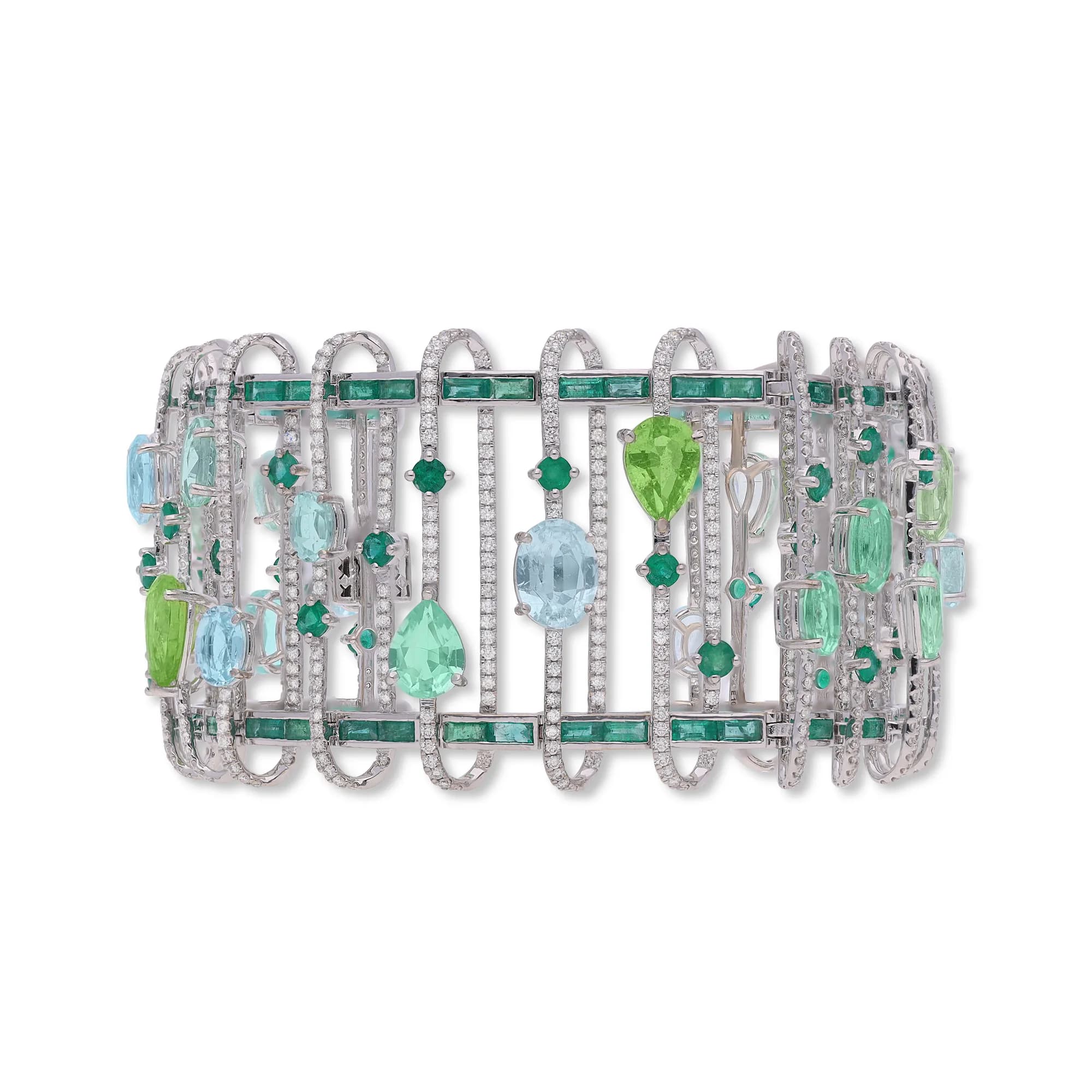 White gold bracelet set with emerald, paraíba and diamonds, reference HBR-2816