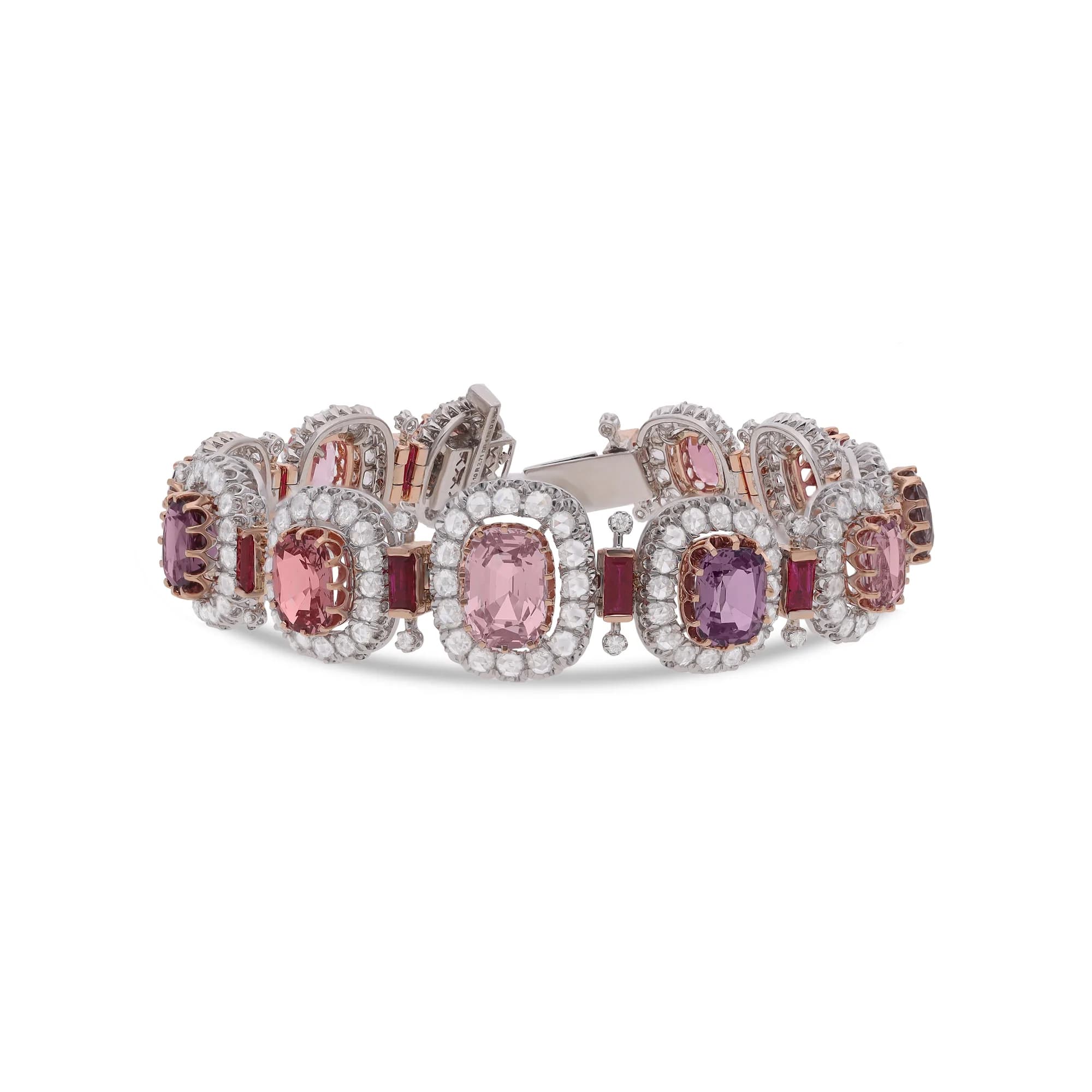 Pulsera de oro blanco 18K con turmalinas rosas, rubíes y diamantes