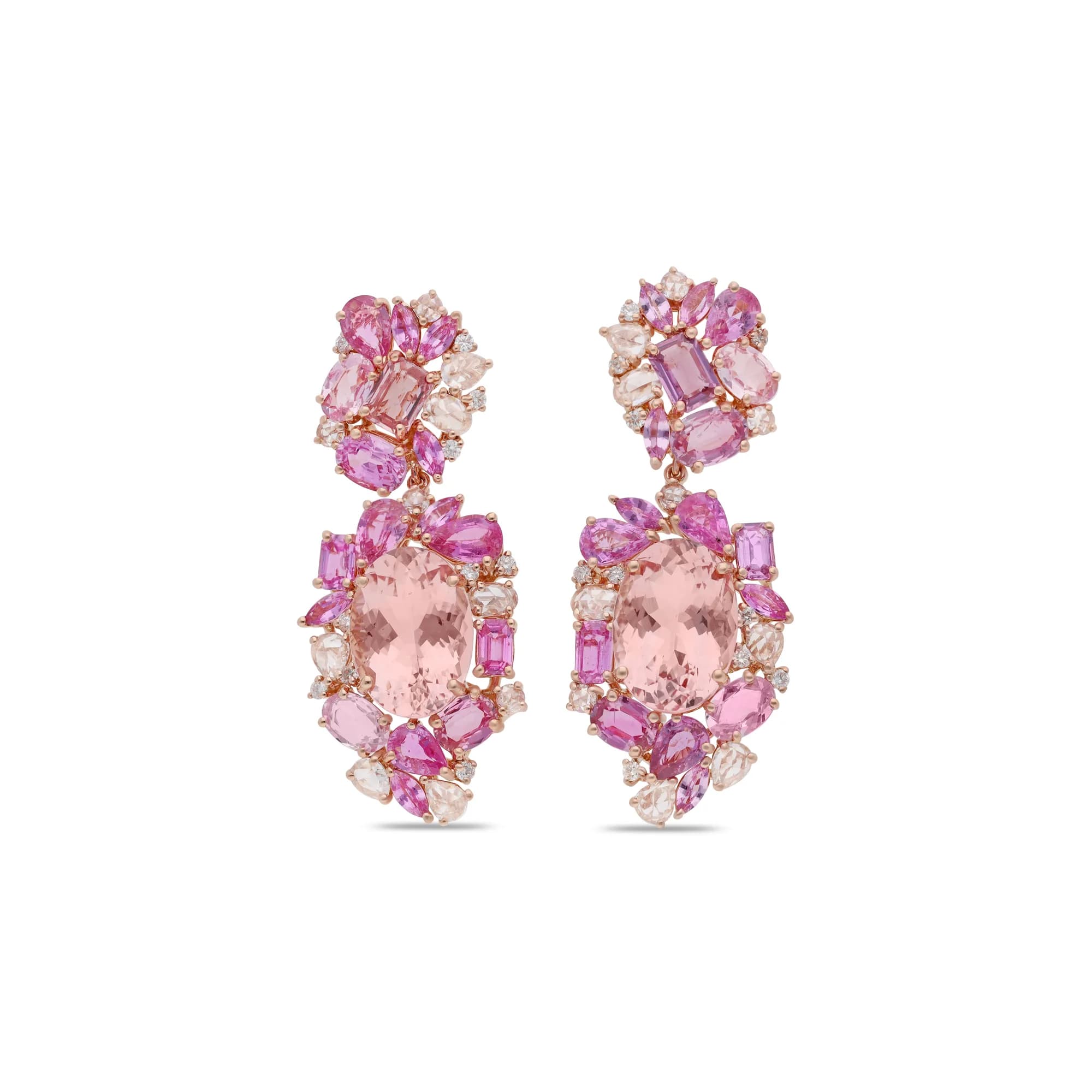 ต่างหูโรสโกลด์ 18K ประดับมอร์แกไนต์ ไพลินหลากสี pink ไพลิน แซฟไฟร์พัดพาราชา และเพชร รหัสอ้างอิง HE-6821