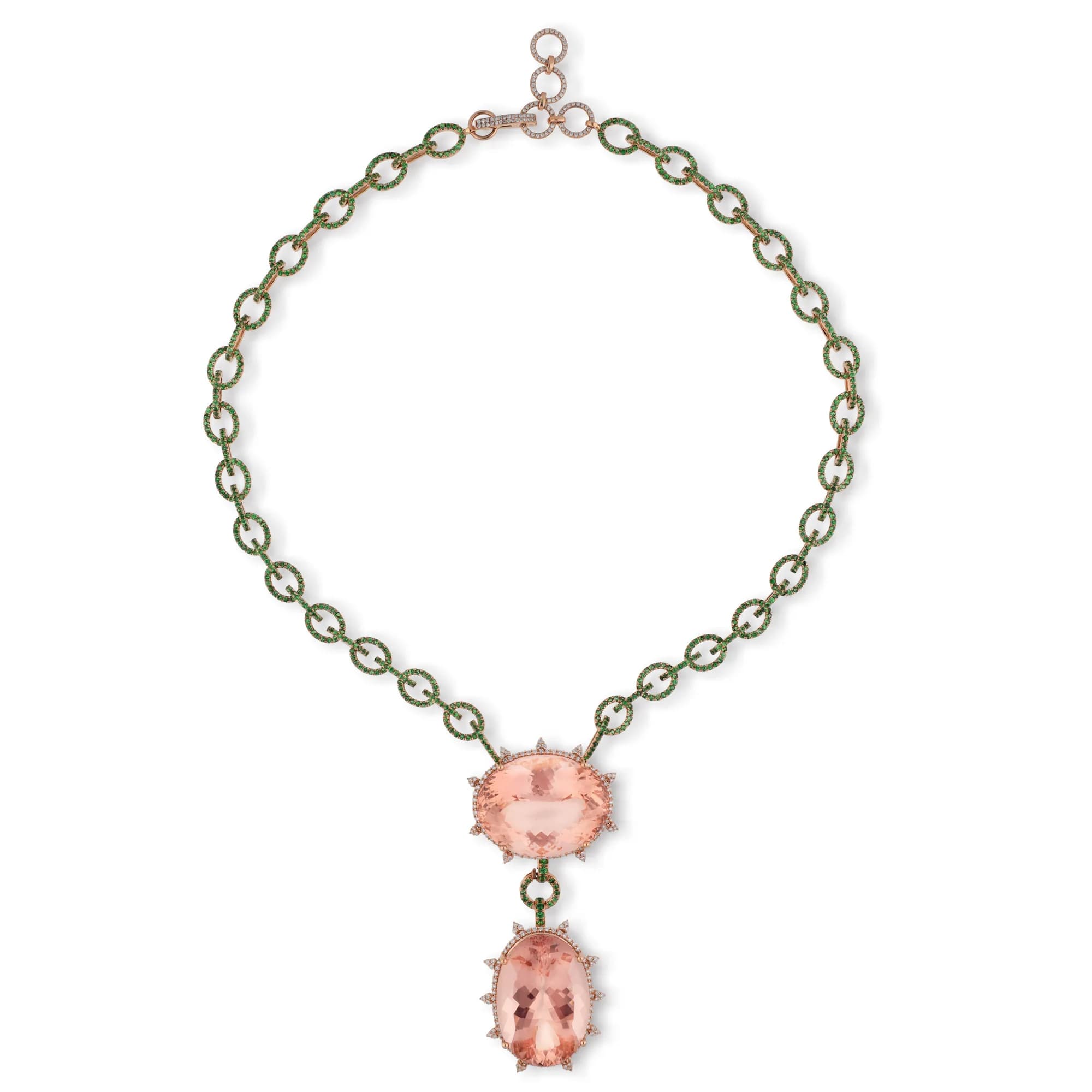 สร้อยคอโรสโกลด์ 18K ประดับมอร์แกไนต์ ทซาโวไรต์ และเพชร รหัสอ้างอิง HN-4450