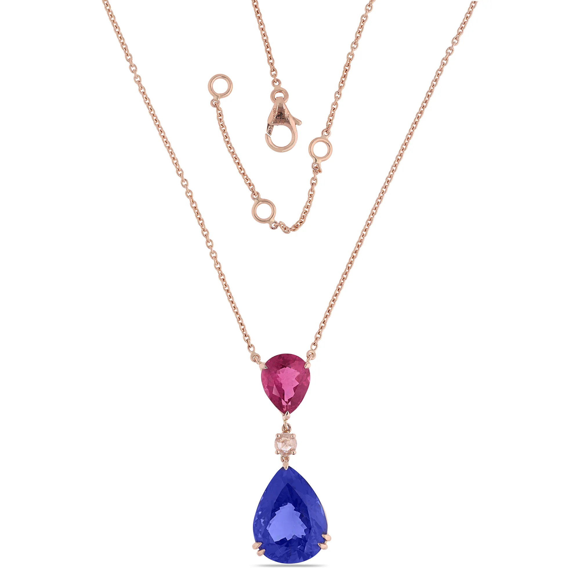 18K rose gold pendant set with a rubellite above a pear-shaped blue stone