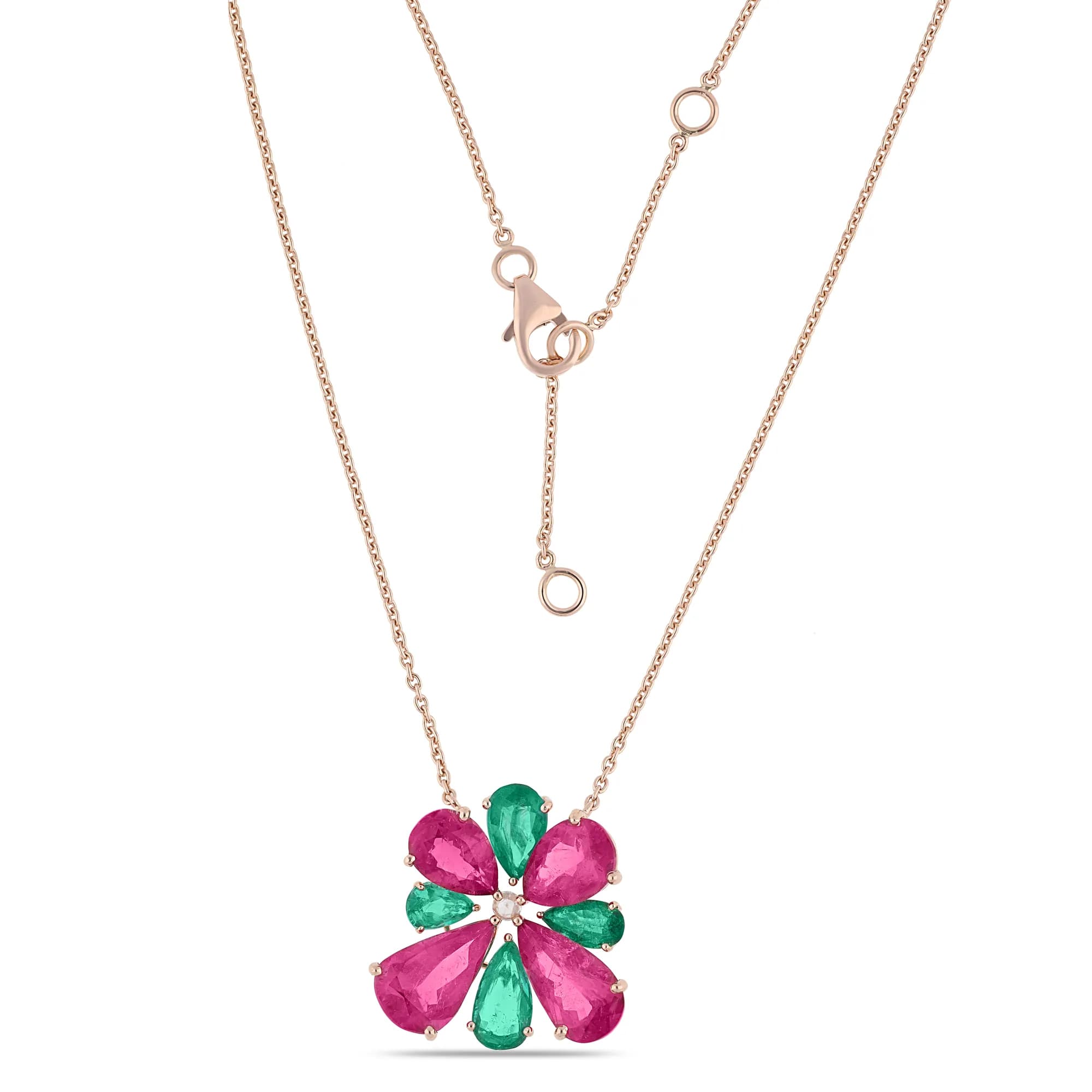 18K rose gold pendant set with emerald, rubellite and diamonds