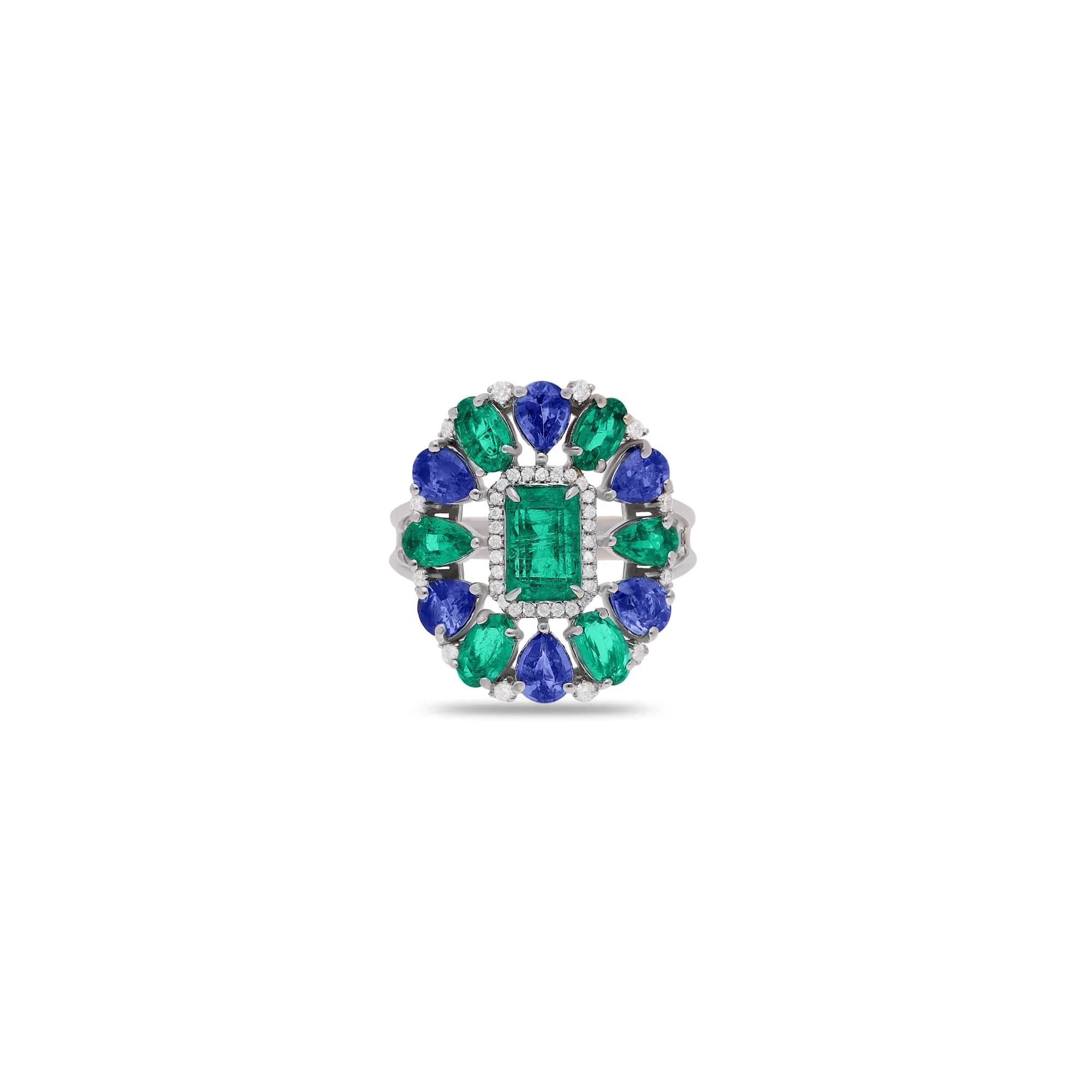 Anillo de oro blanco y amarillo 18K con una esmeralda enmarcada por zafiros azules, esmeraldas y diamantes