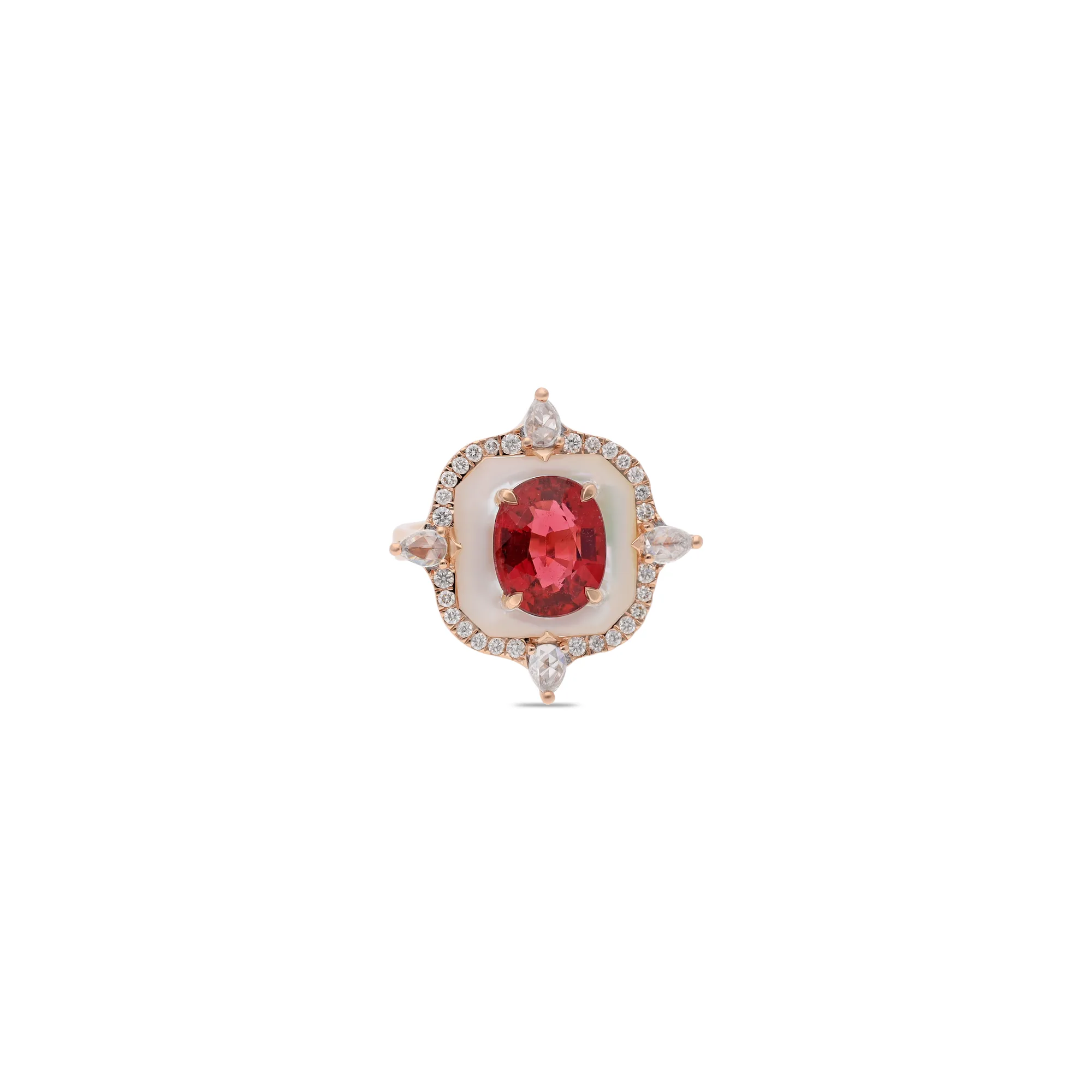 Rose gold ring set with mother of pearl, ruby Lite and diamonds, reference HNR-2713