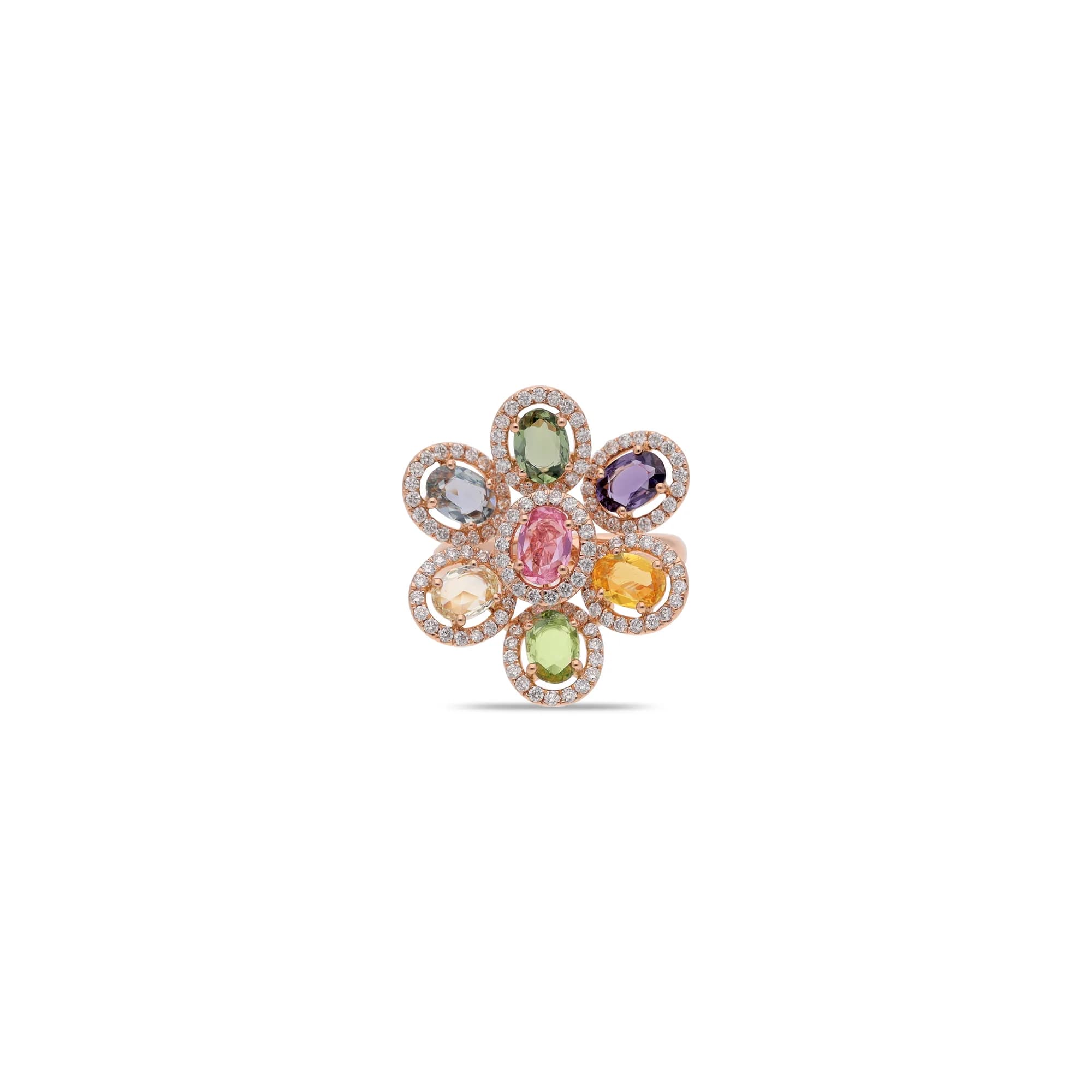 Anillo de oro 18K con zafiro azul, zafiros multicolores, esmeralda y diamantes