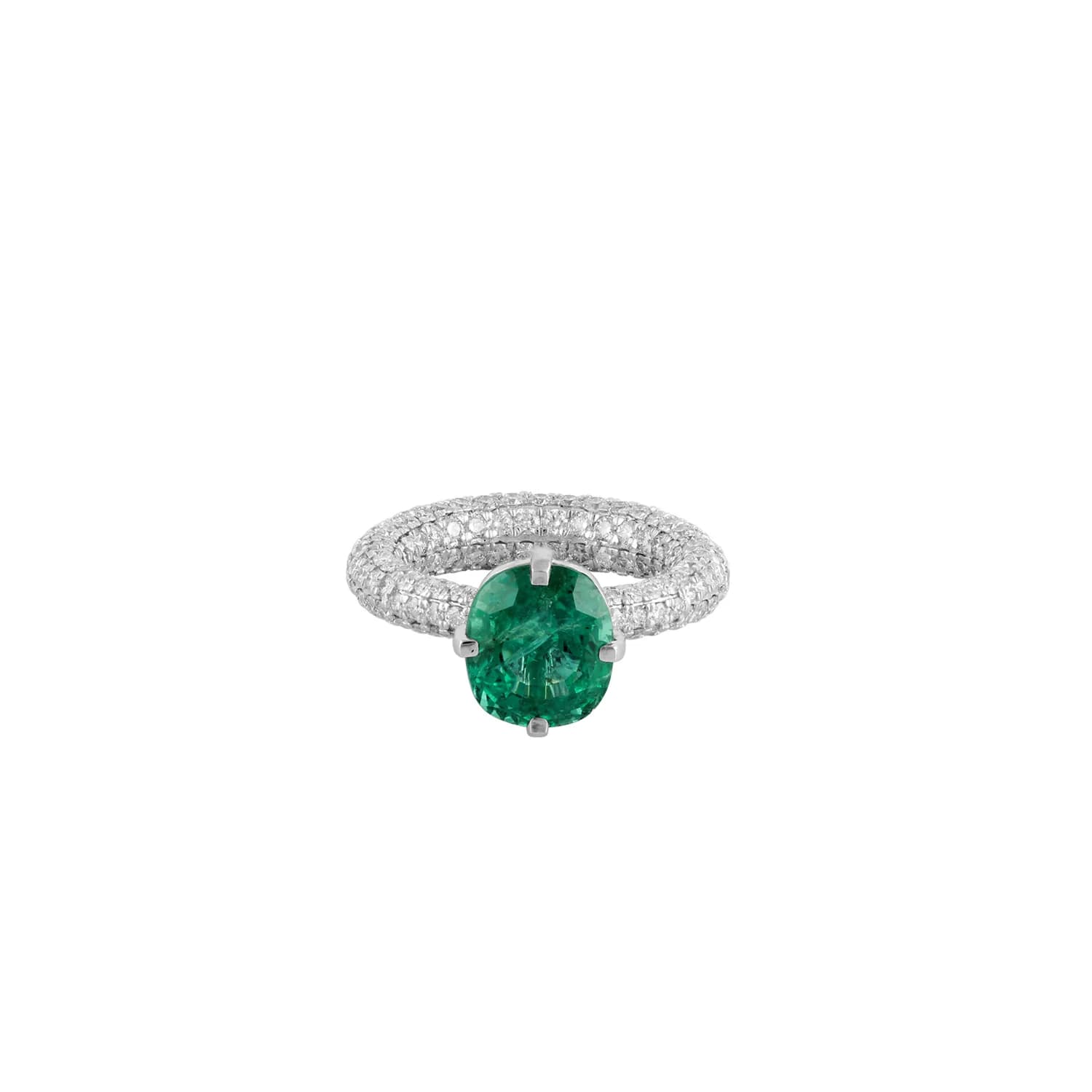 White gold ring set with emerald and diamonds, reference HR-5366