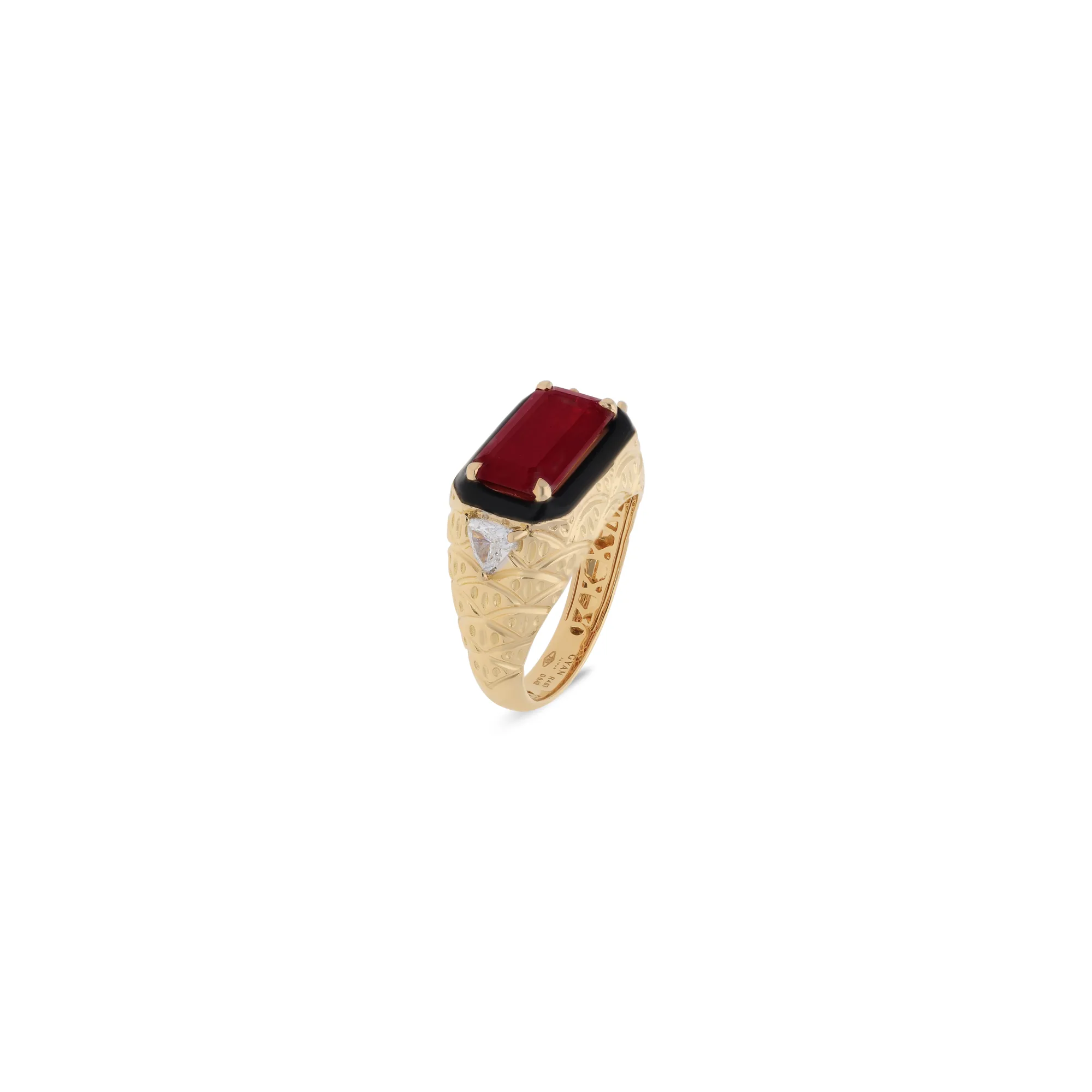 Anillo de oro amarillo 18K con esmalte, rubí y diamantes, referencia HR-6005