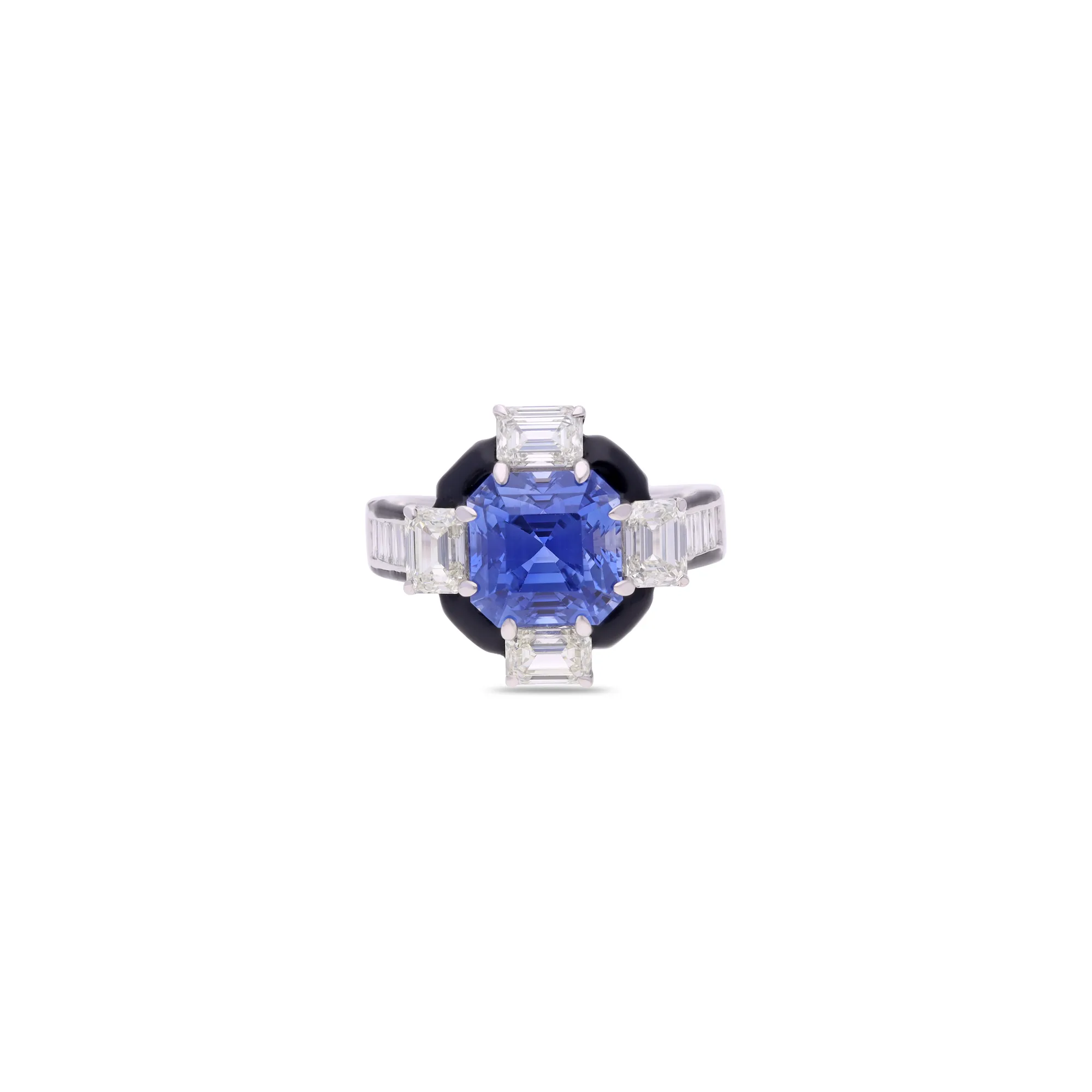 Anillo de oro blanco 18K con zafiro azul y diamantes