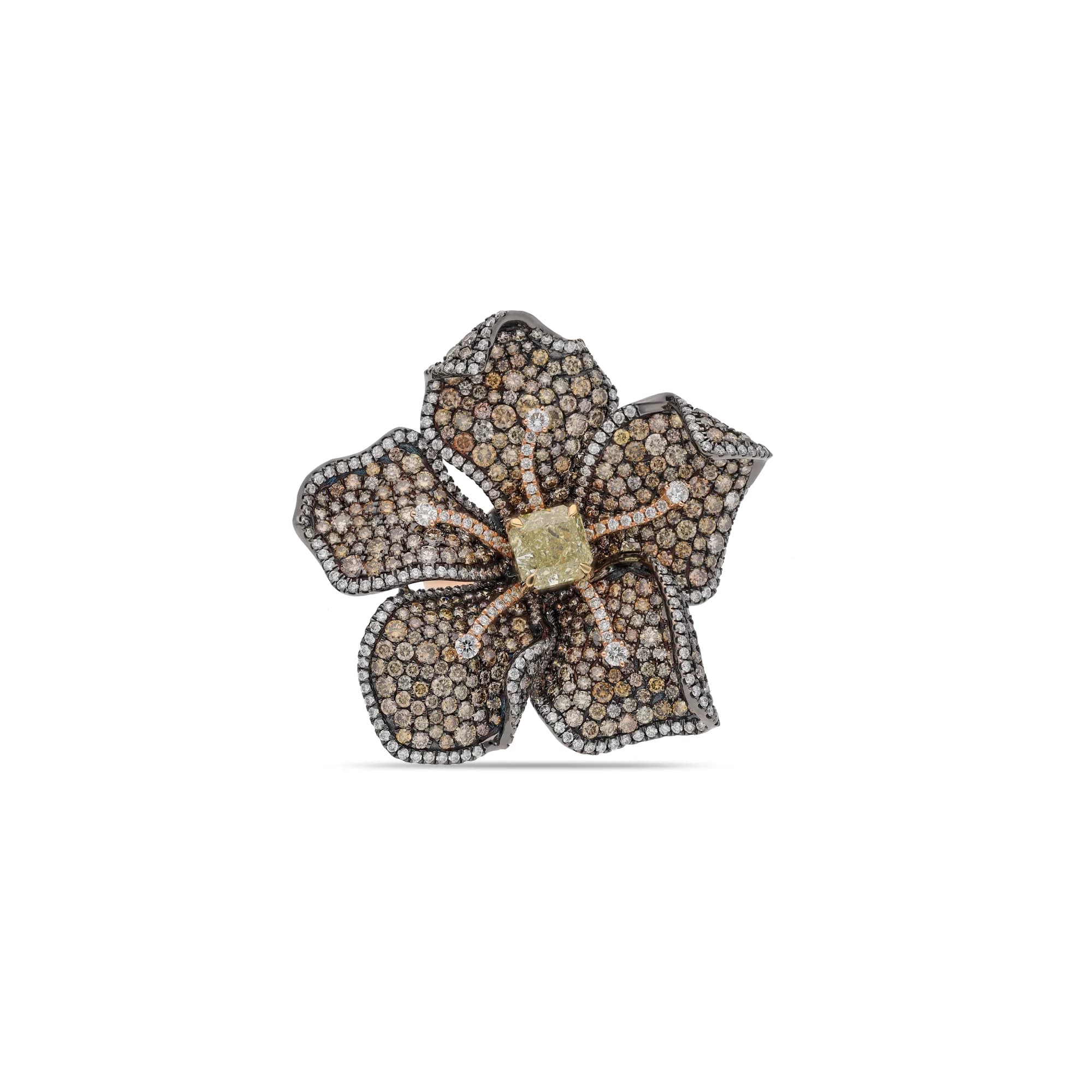 18K rose and yellow gold ring set with brown diamonds, diamonds and yellow diamonds, reference HR-7630