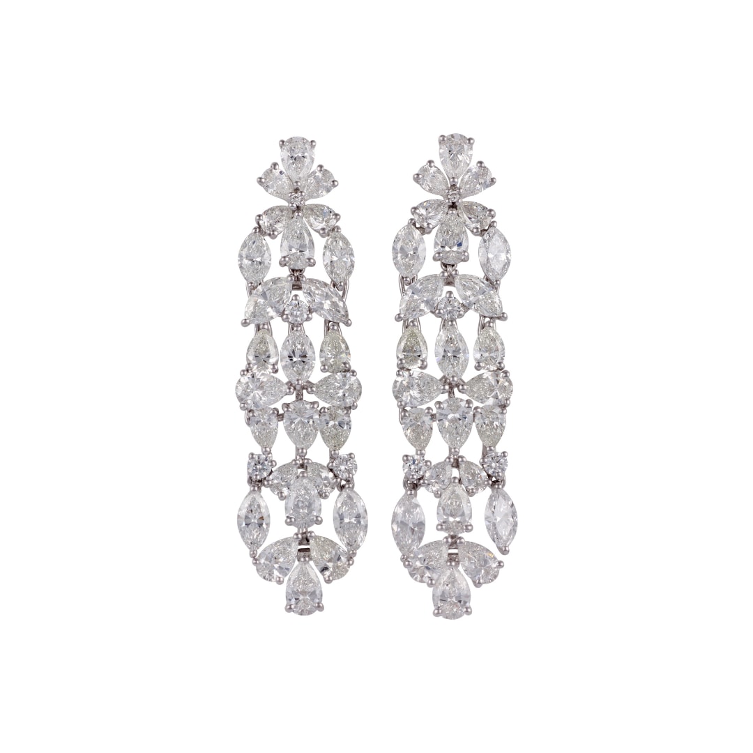 White gold chandelier earrings of tiered pear and marquise diamonds
