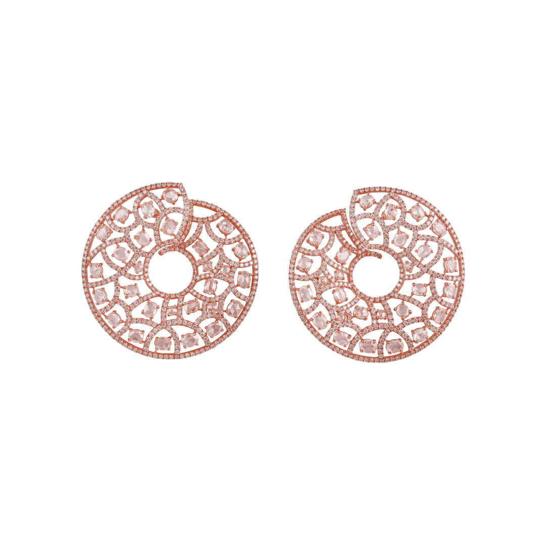 Rose gold openwork disc earrings with pavé ribbons and irregular rose-cut diamonds
