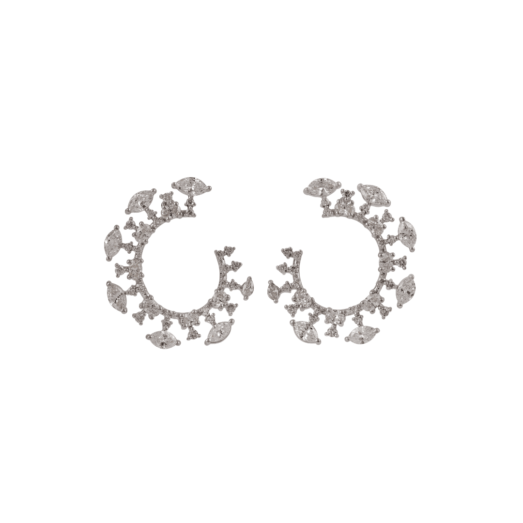 White gold open crescent earrings with outward-set marquise and round diamonds