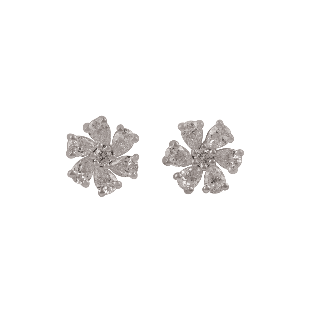 White gold stud earrings of six pear diamonds around a round brilliant centre