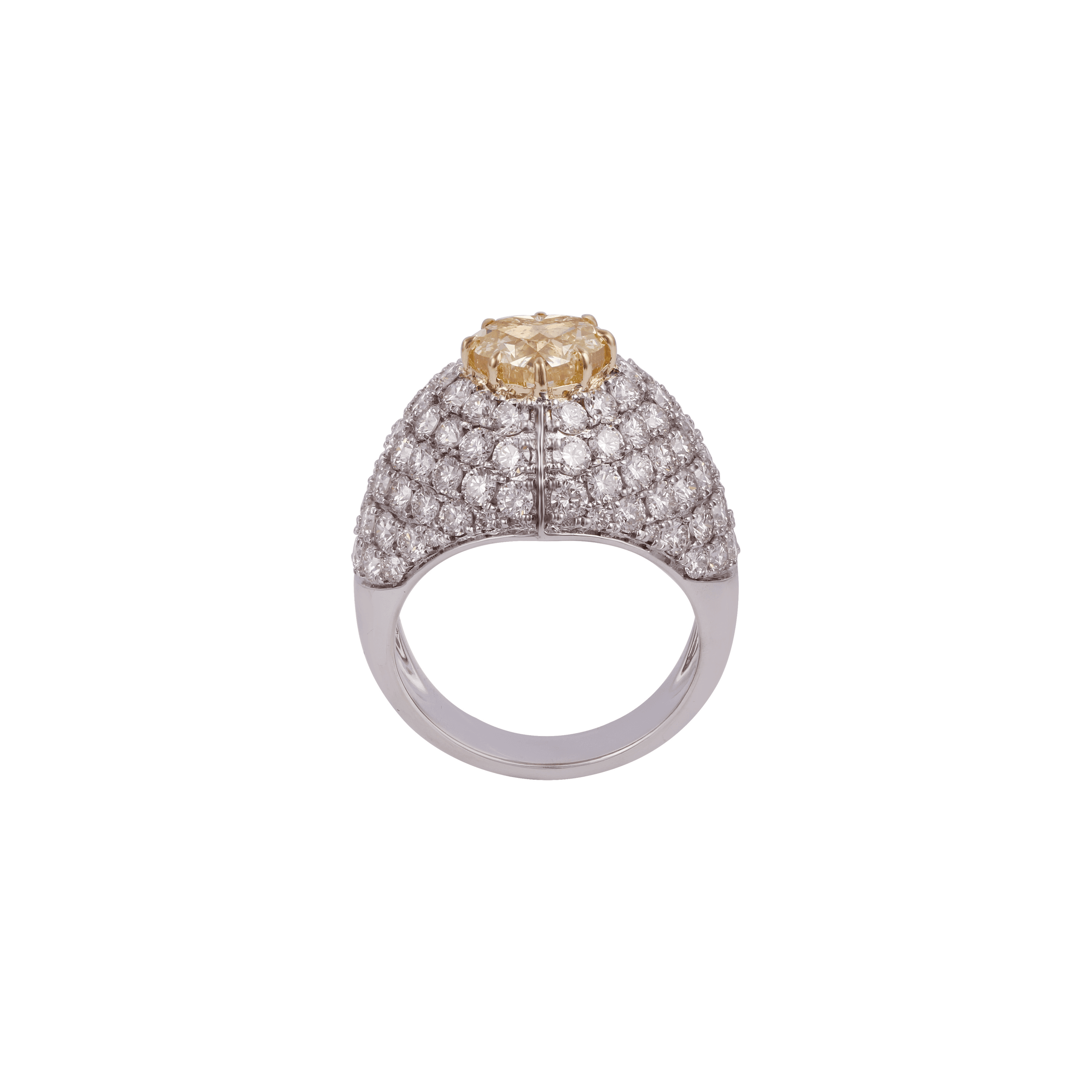 White gold dome ring pavé-set with diamonds and a yellow diamond at the crest