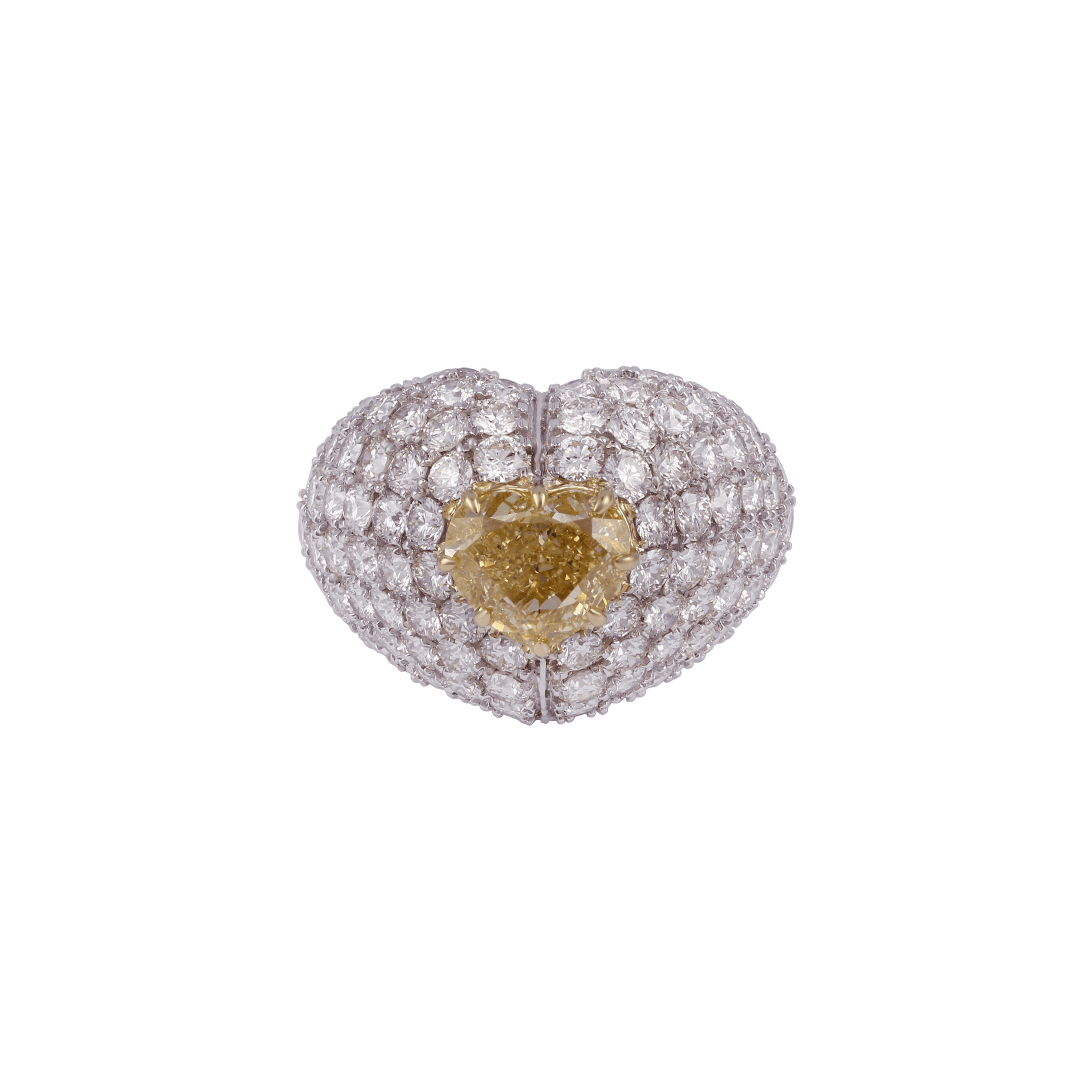 Heart-shaped pavé diamond ring with a pear-shaped yellow diamond at the centre