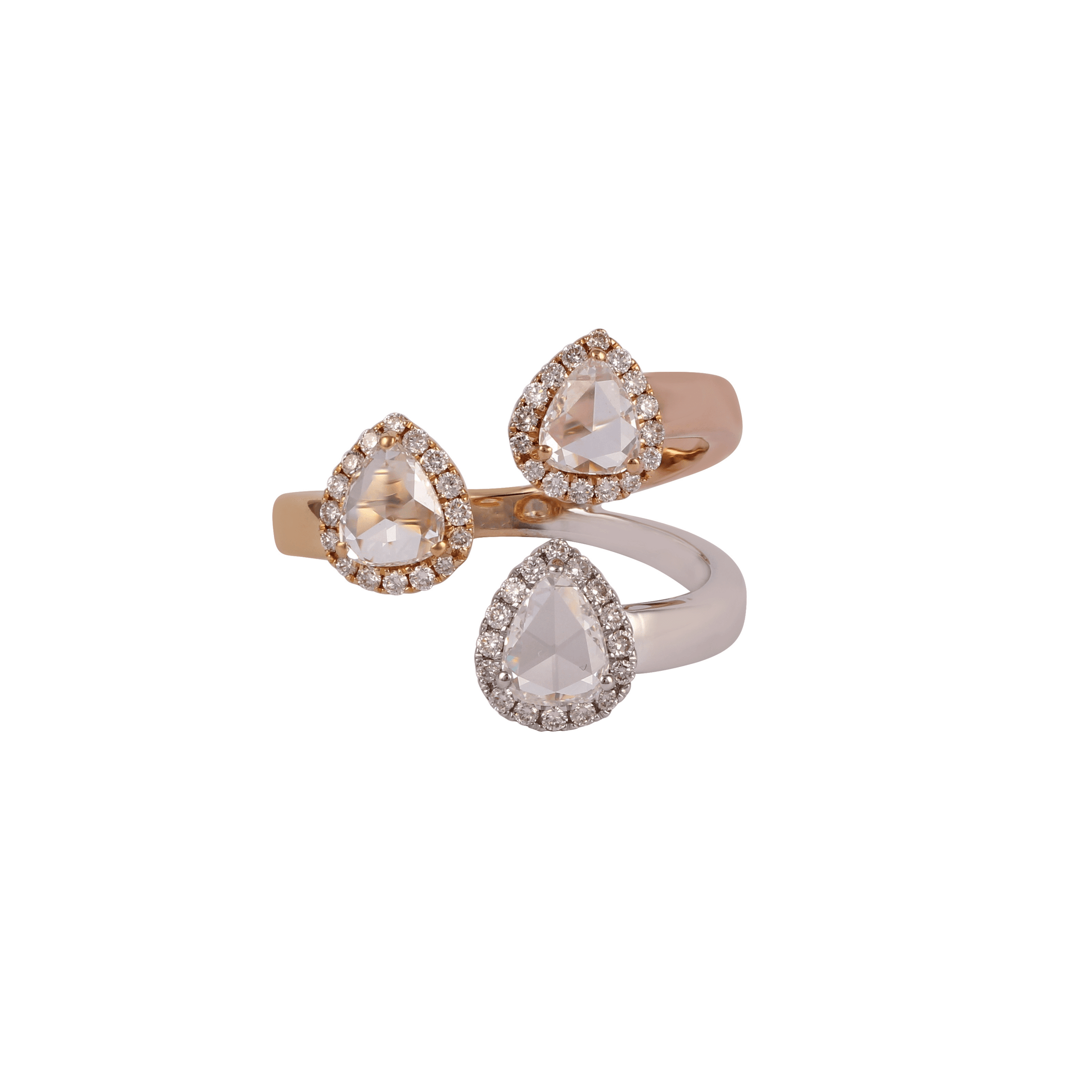 Open spiral ring in yellow, rose and white gold with three haloed pear rose-cut diamonds