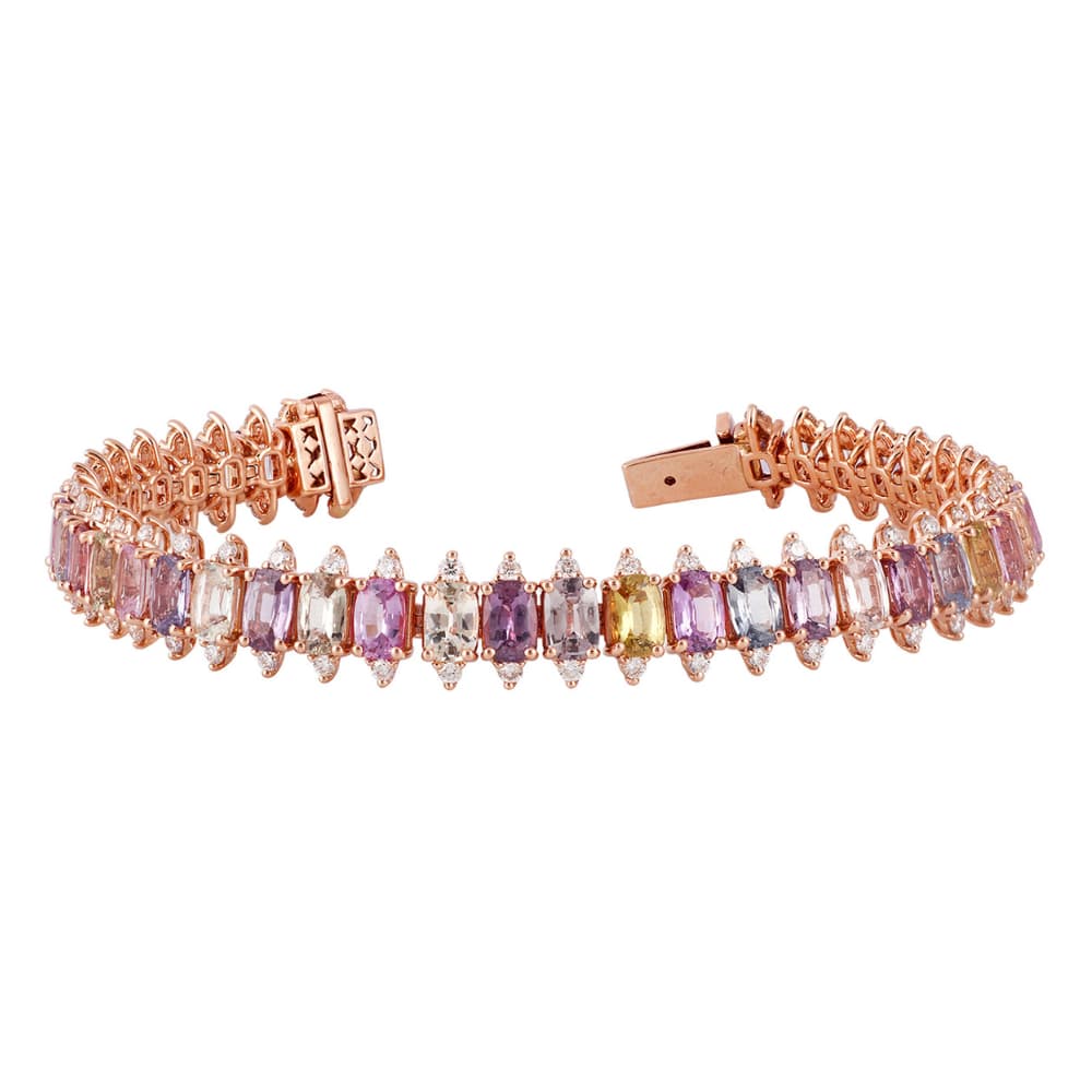 Rose gold bracelet with a line of pastel cushion-cut sapphires and small diamonds