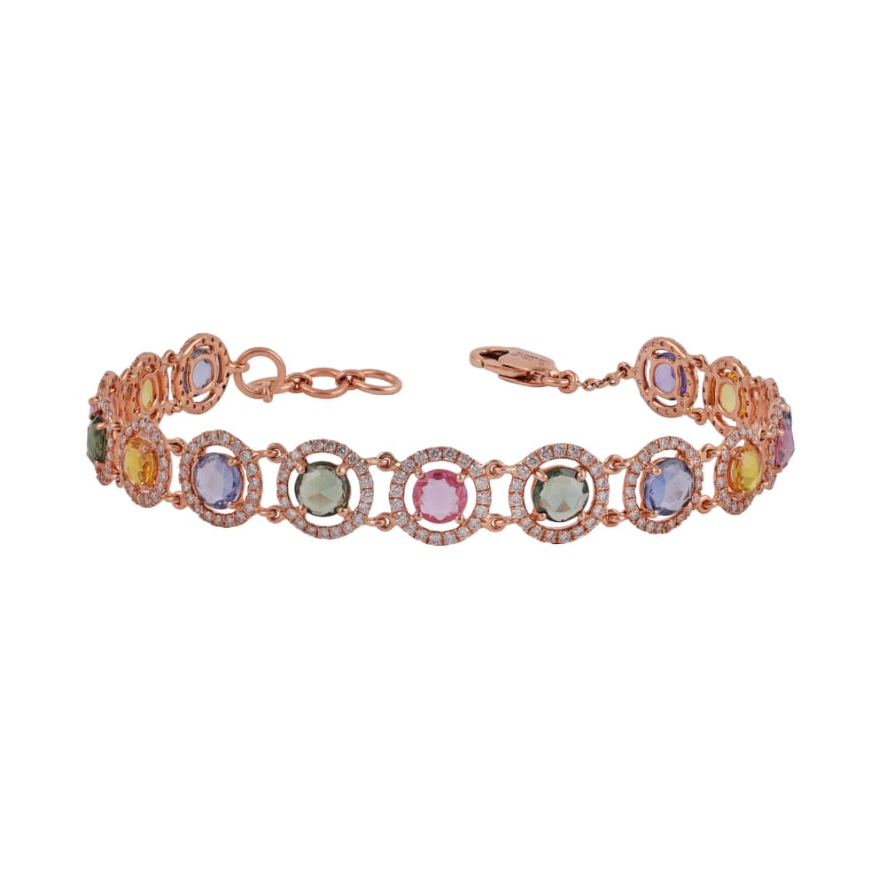 Pulsera de oro rosa con círculos abiertos de diamantes, cada uno con un zafiro de color redondo de talla rosa