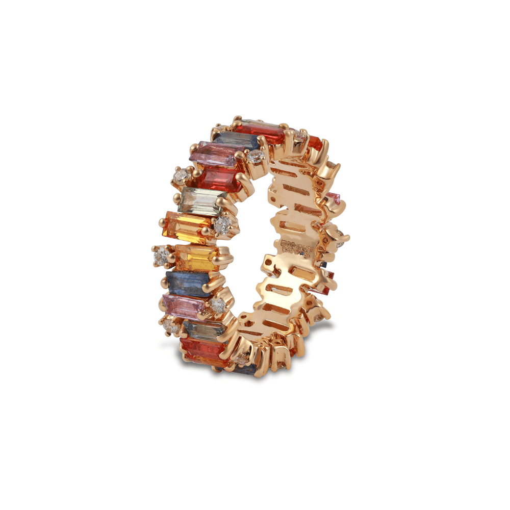 Anillo de eternidad en oro rosa con baguettes de zafiro de color escalonadas y diamantes redondos intercalados