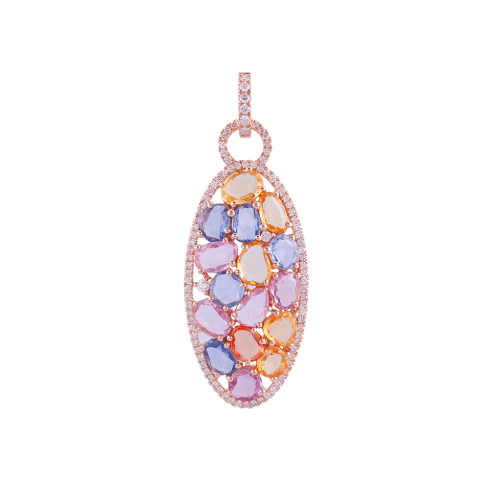 Oval rose gold pendant filled with irregular rose-cut coloured sapphires inside a diamond border