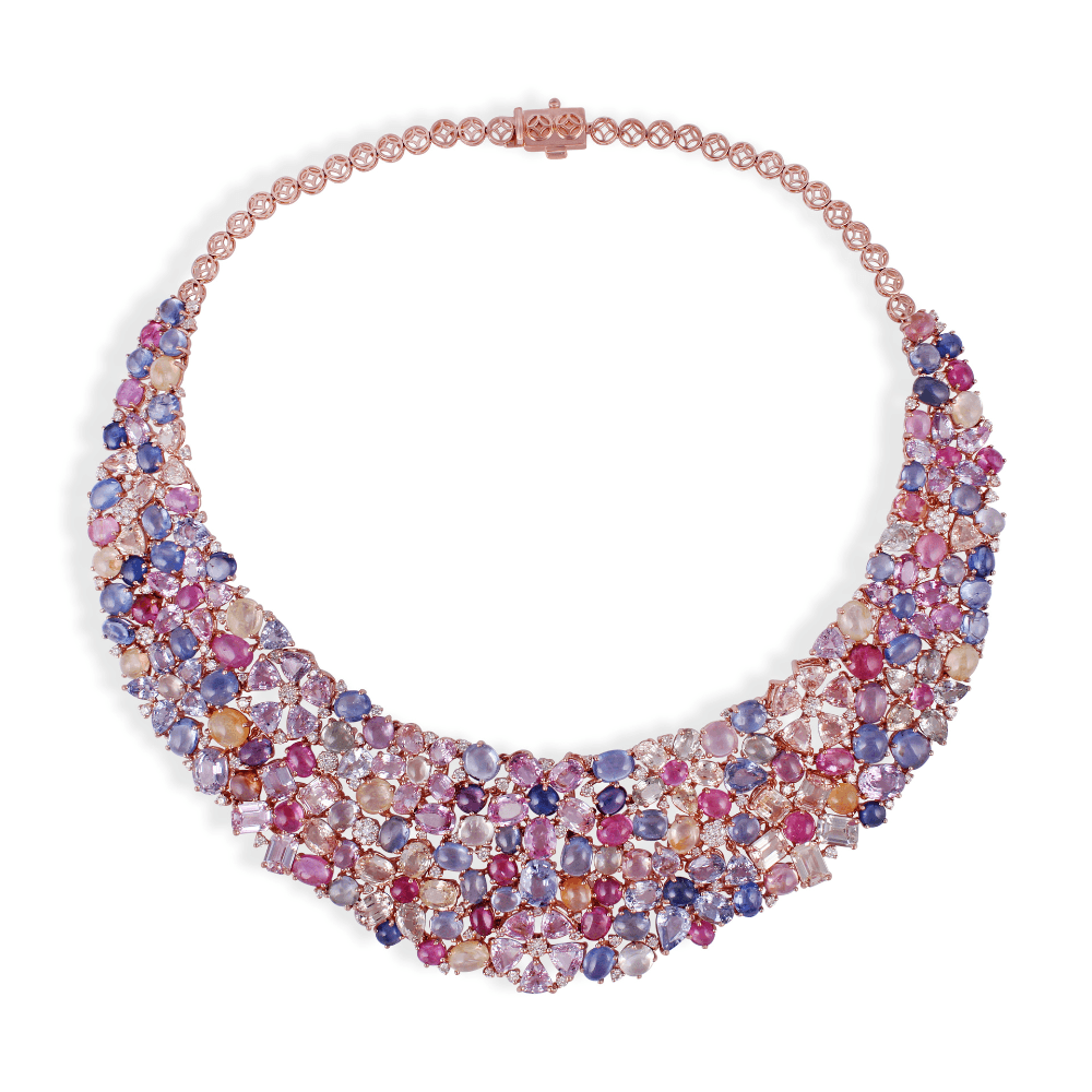 Rose gold collar necklace massed with sapphires of many colours and cuts