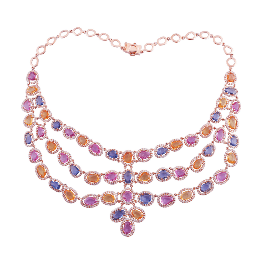 Rose gold necklace of three swagged rows of haloed rose-cut coloured sapphires