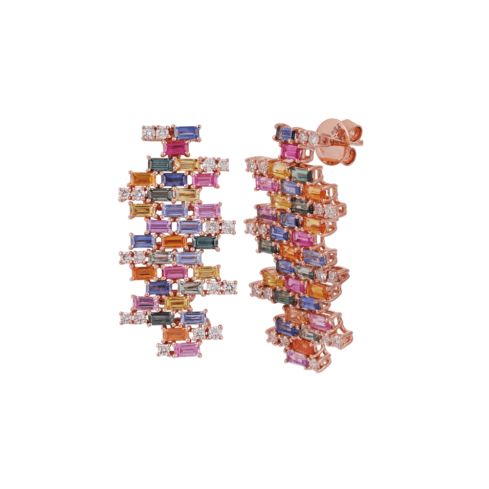 Rose gold earrings of staggered coloured sapphire baguettes bridged by small diamonds