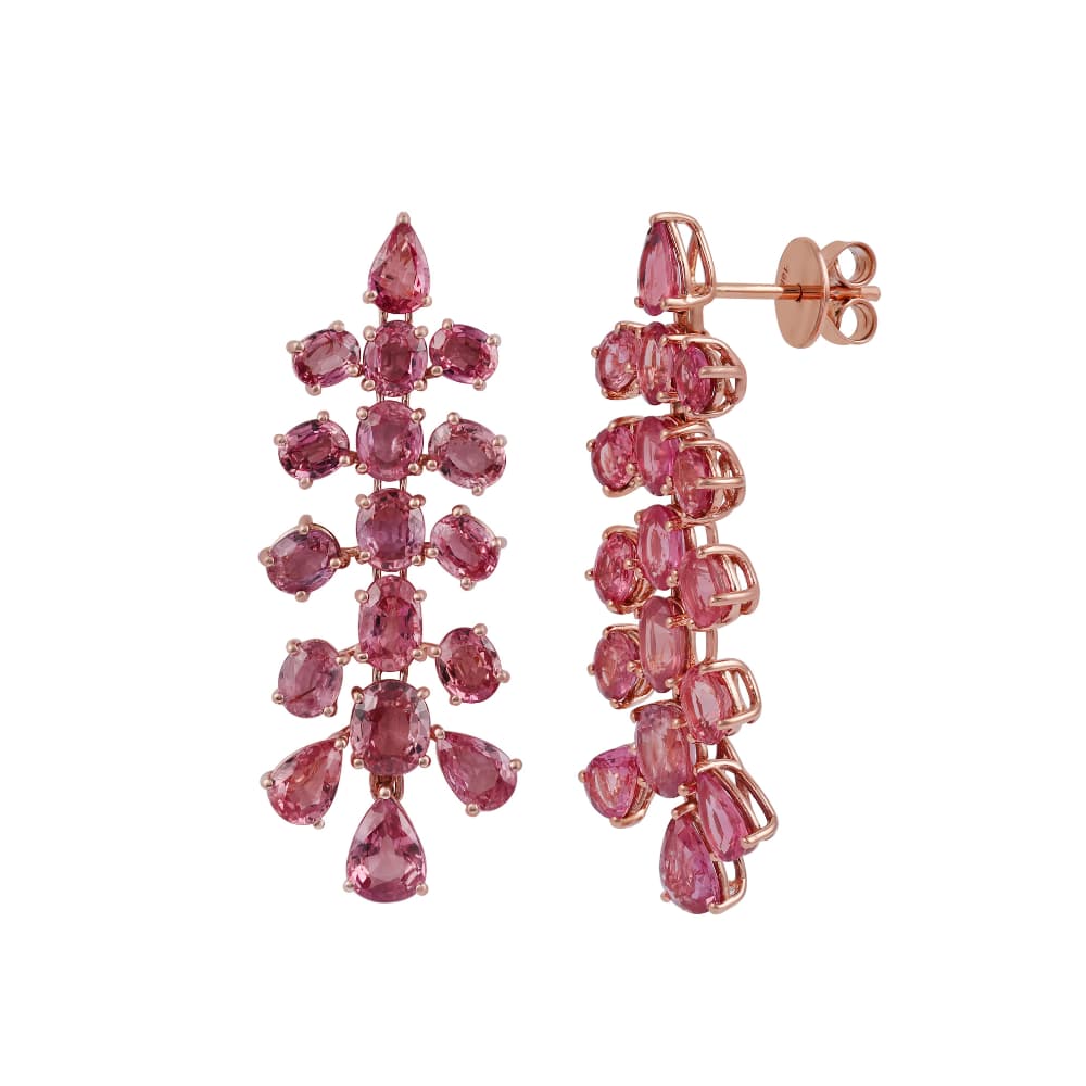 Aretes candelabro de oro rosa con zafiros rosas ovalados y en pera graduados