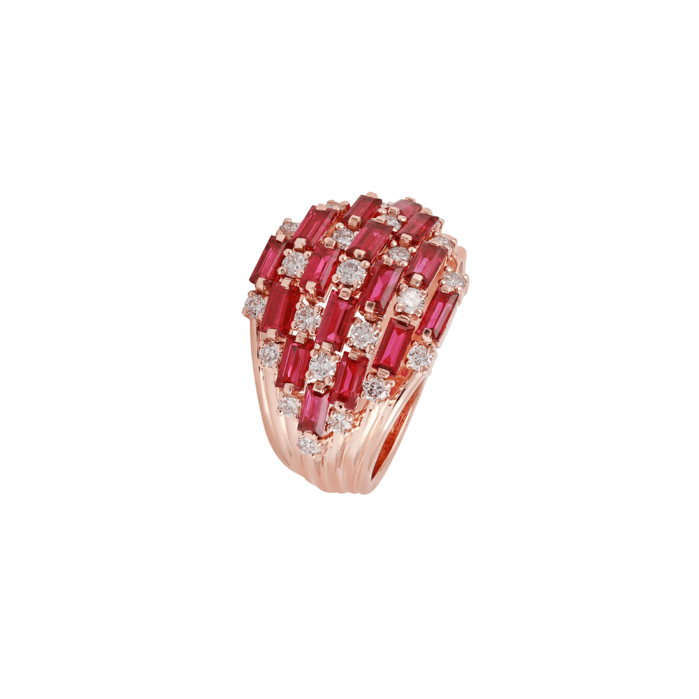 Wide rose gold band ring set with rows of ruby baguettes and round diamonds
