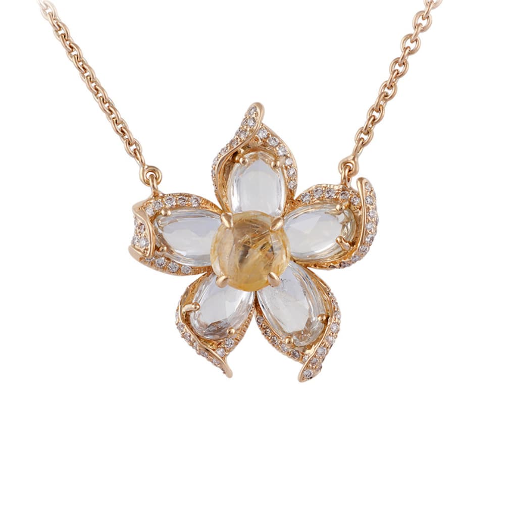 Yellow gold necklace with a five-petal flower of pale rose-cut stones and a golden cabochon centre