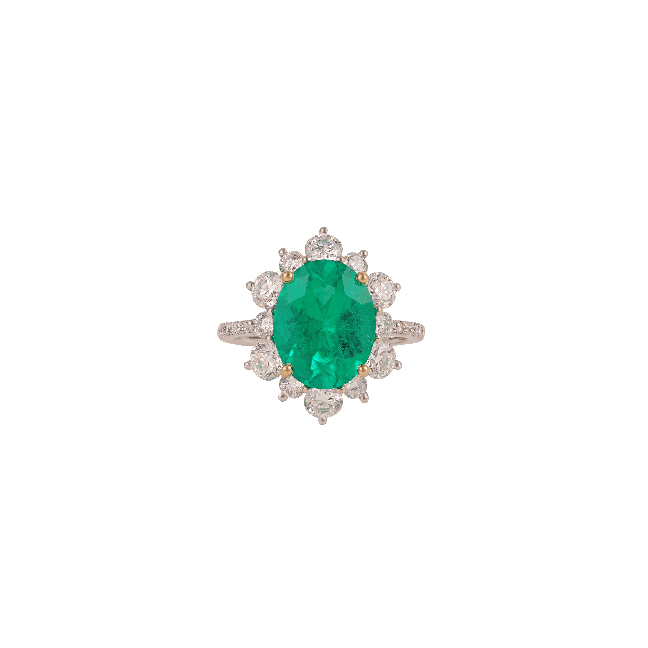 Ring with a large oval emerald in yellow gold claws, framed by round diamonds on a split pavé shank