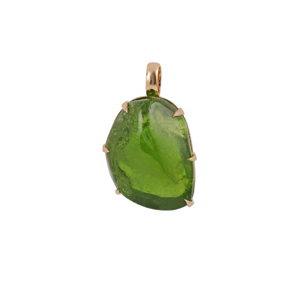 Rose gold pendant holding a single large green cabochon on six long claws