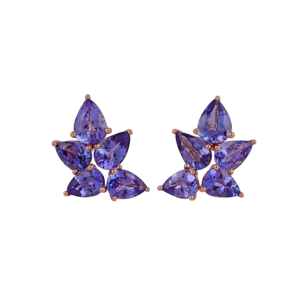 Rose gold cluster earrings of five pear-shaped tanzanites set point to point