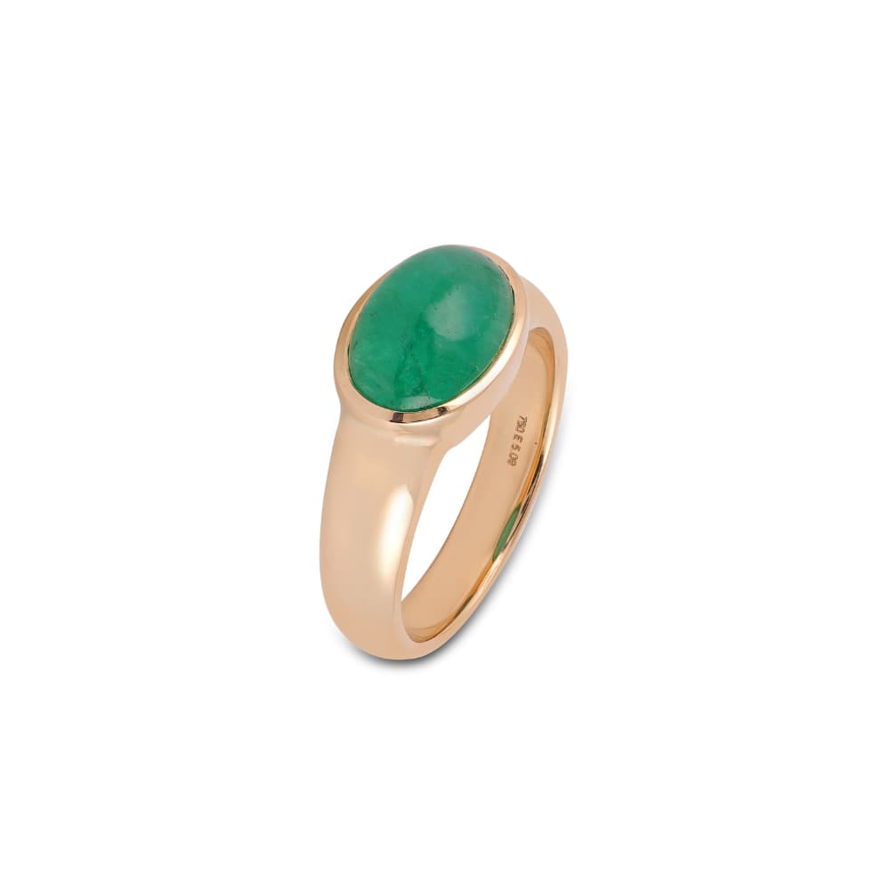 Heavy rose gold signet-style ring with an oval emerald cabochon set flush