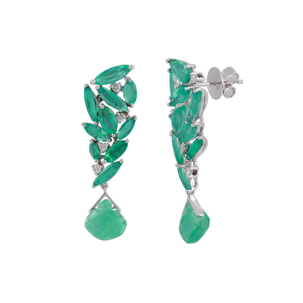 White gold drop earrings of overlapping marquise emeralds ending in a briolette emerald drop