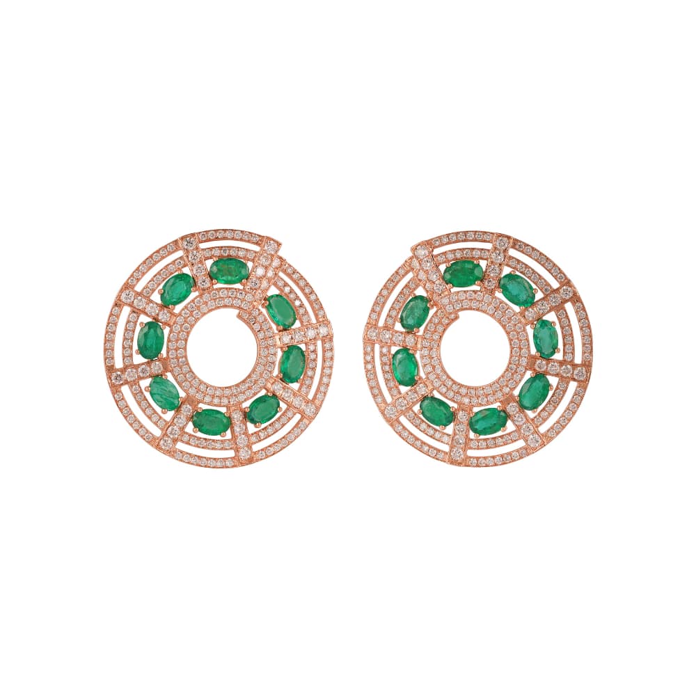 Rose gold openwork disc earrings pavé-set with diamonds and inset oval emeralds
