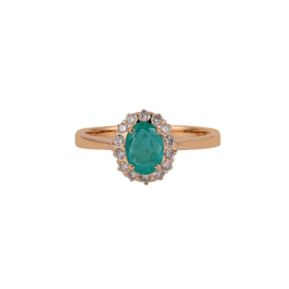 Rose gold ring with an oval emerald in a single row of round diamonds